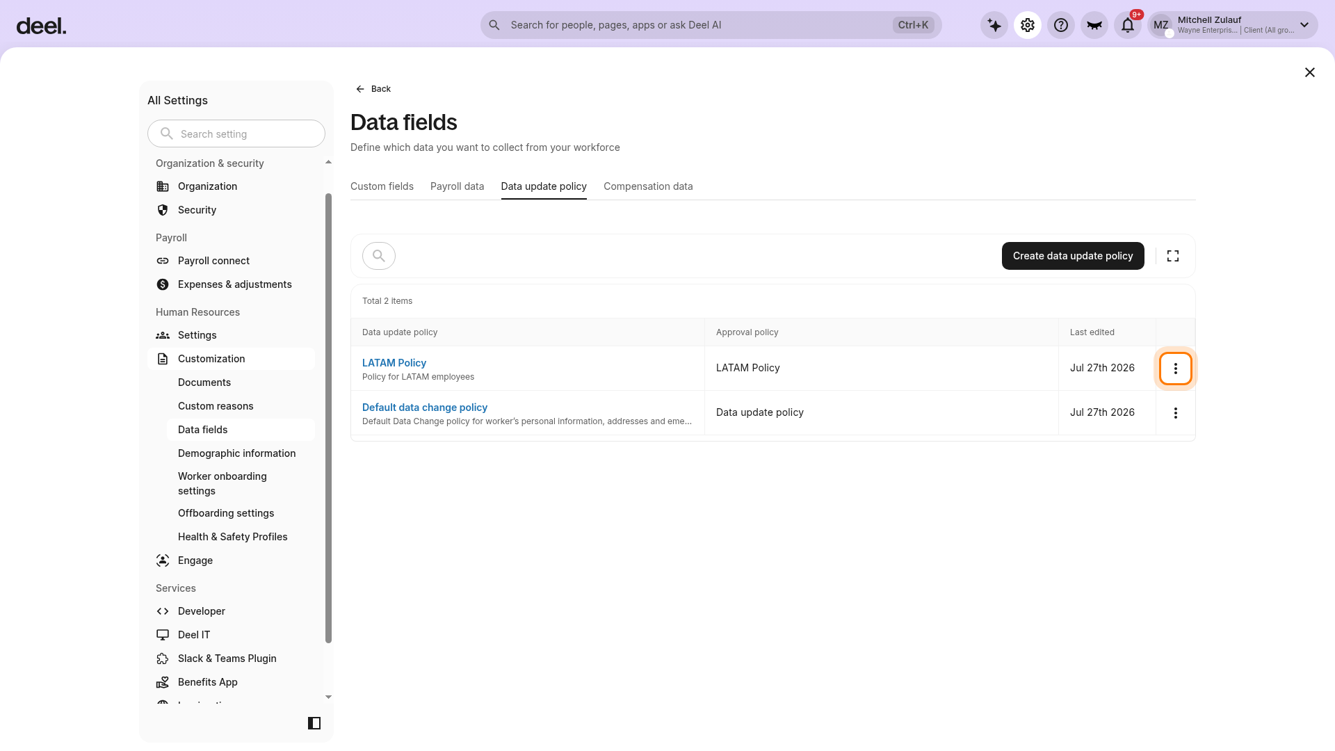 Three-dot menu for a data update policy