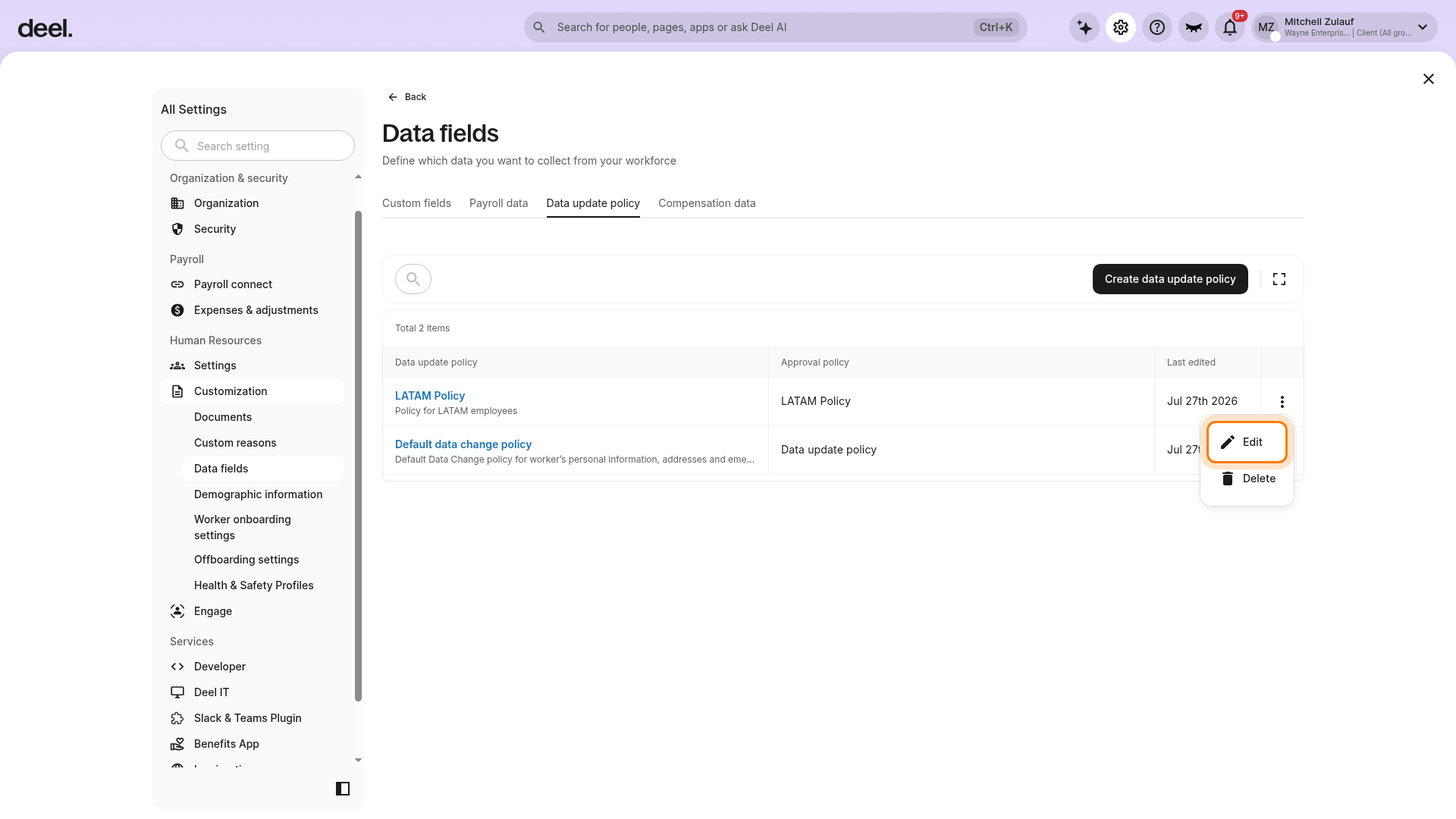 Edit option for a data update policy