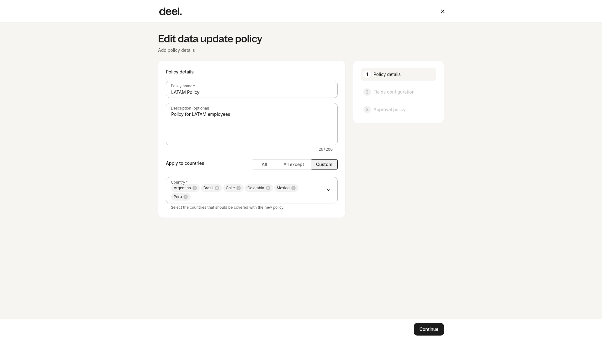 Edit data update policy screen