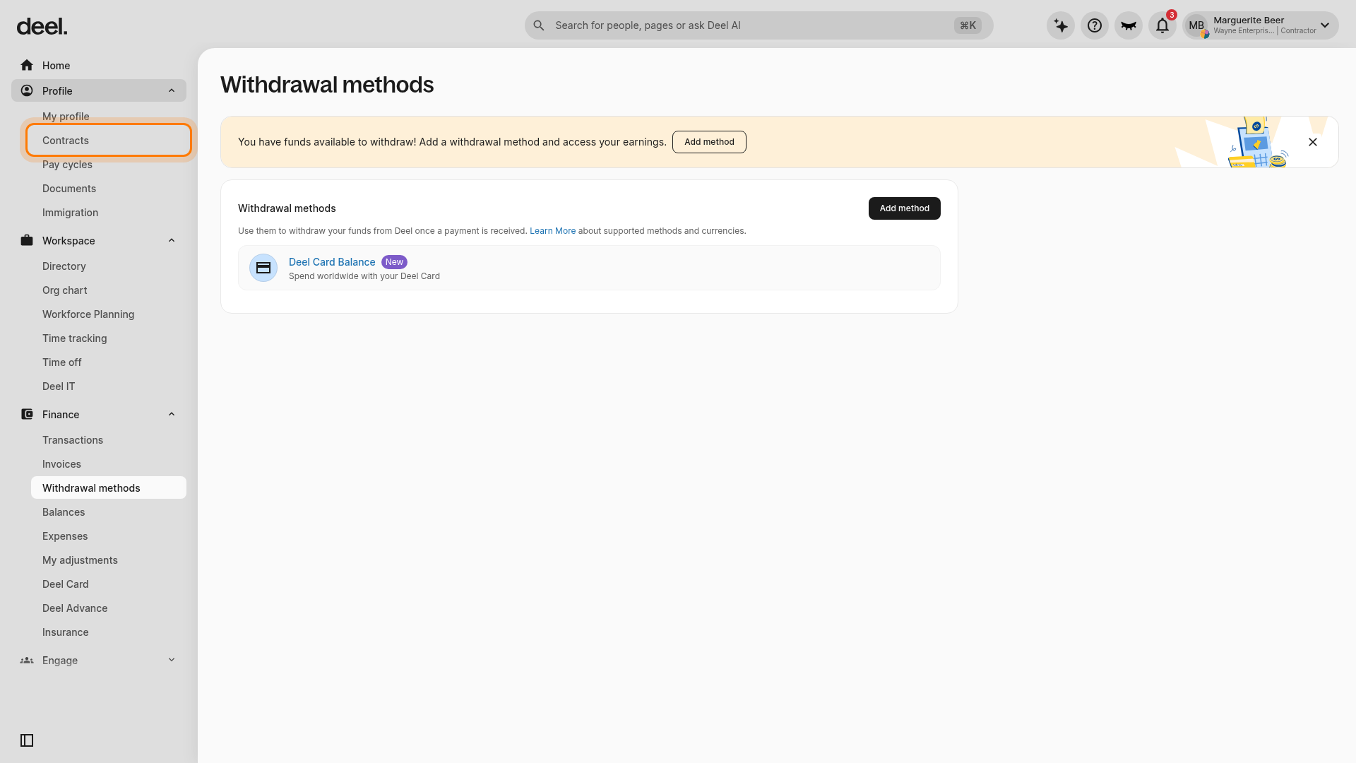 Open Profile and select Contracts