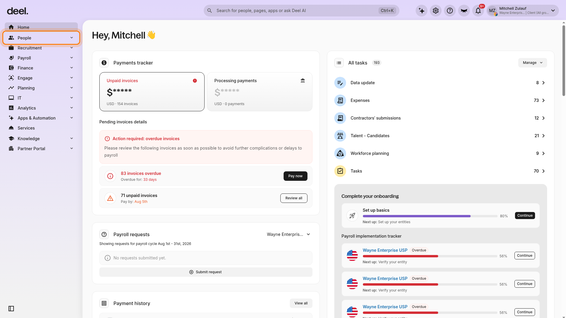 Deel Home dashboard with People highlighted in the left sidebar