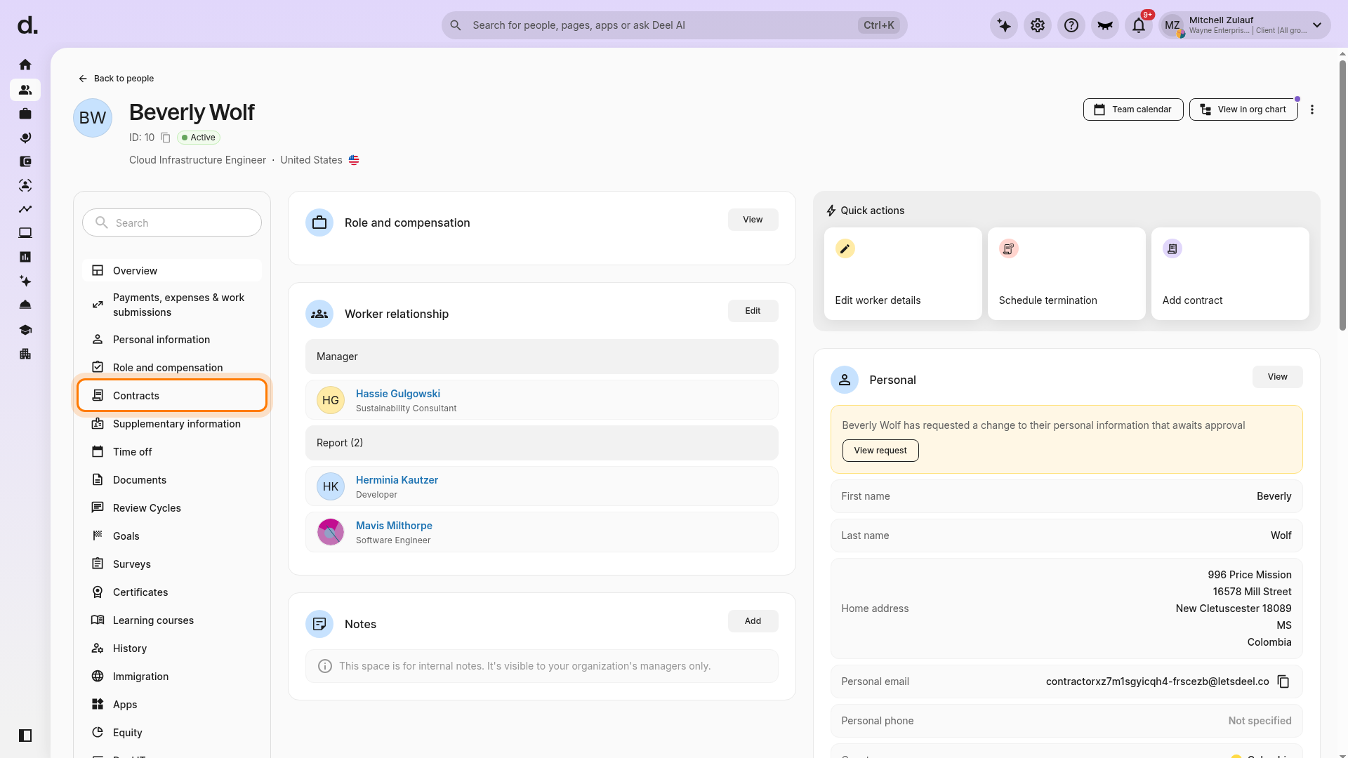 Worker profile with Contracts highlighted in the profile navigation