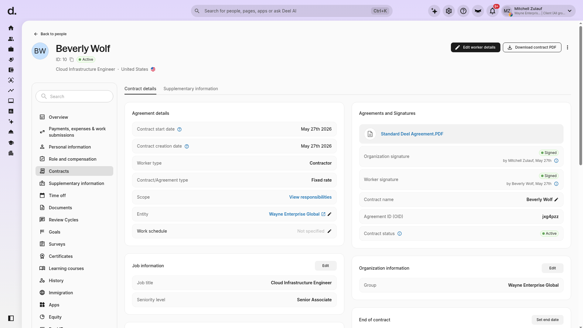 Contract Agreement Overview with Contract details and Agreement details visible