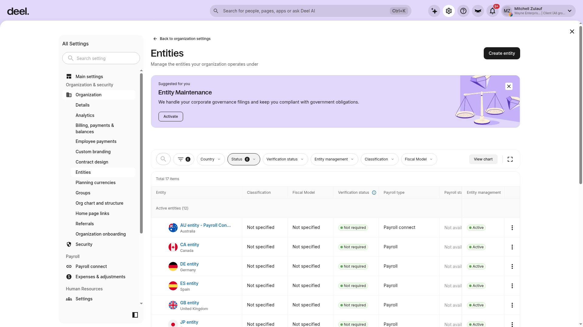 Entities selected in the Organization settings sidebar.