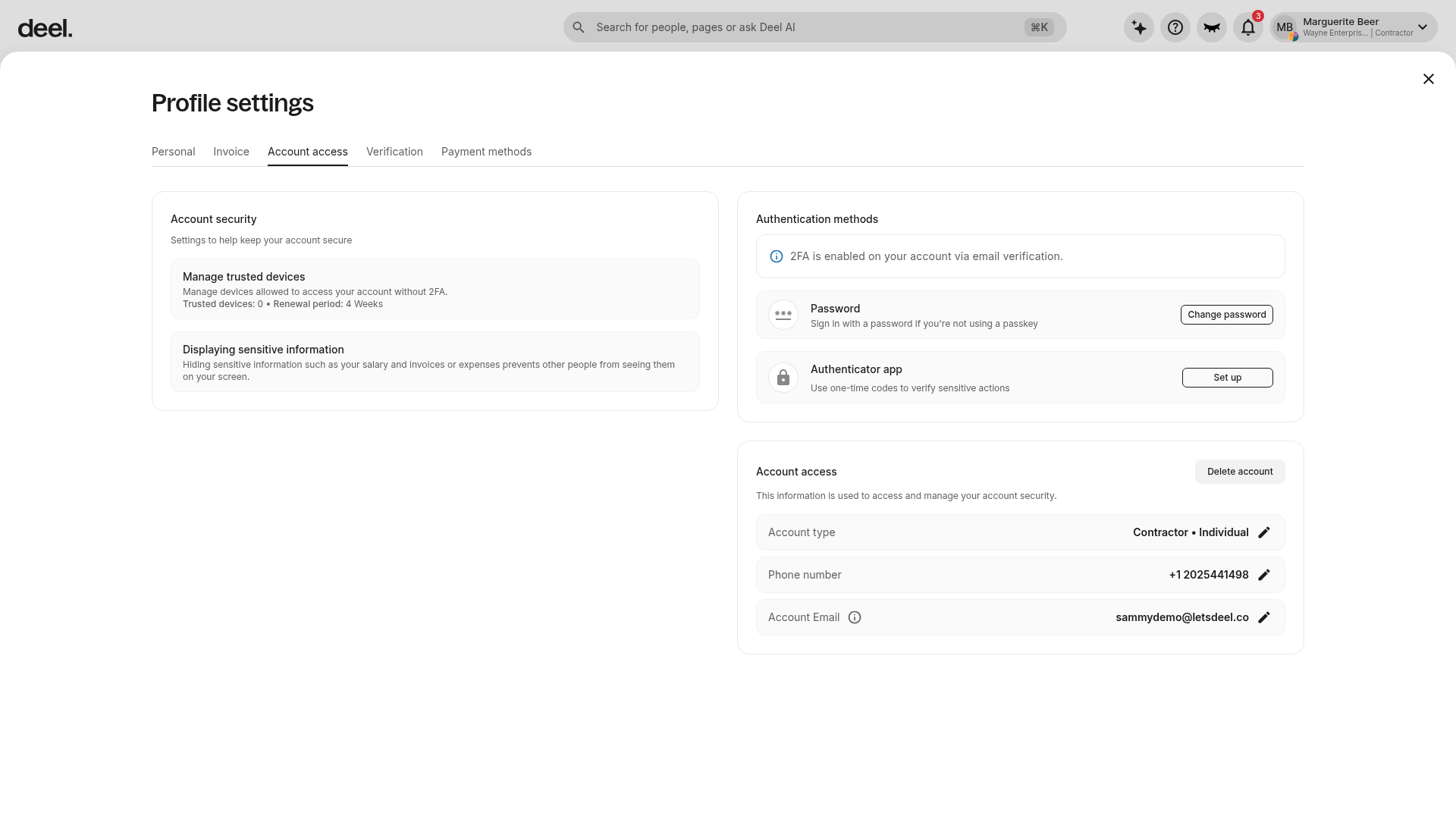 Account access settings