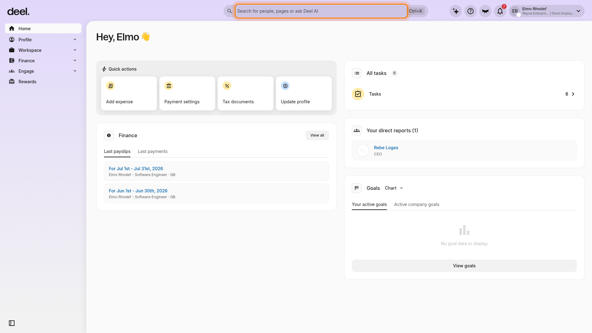 Deel Home dashboard global search field