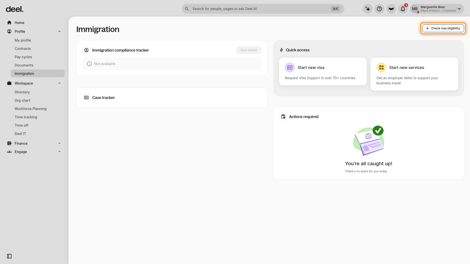 Immigration in the Workspace submenu
