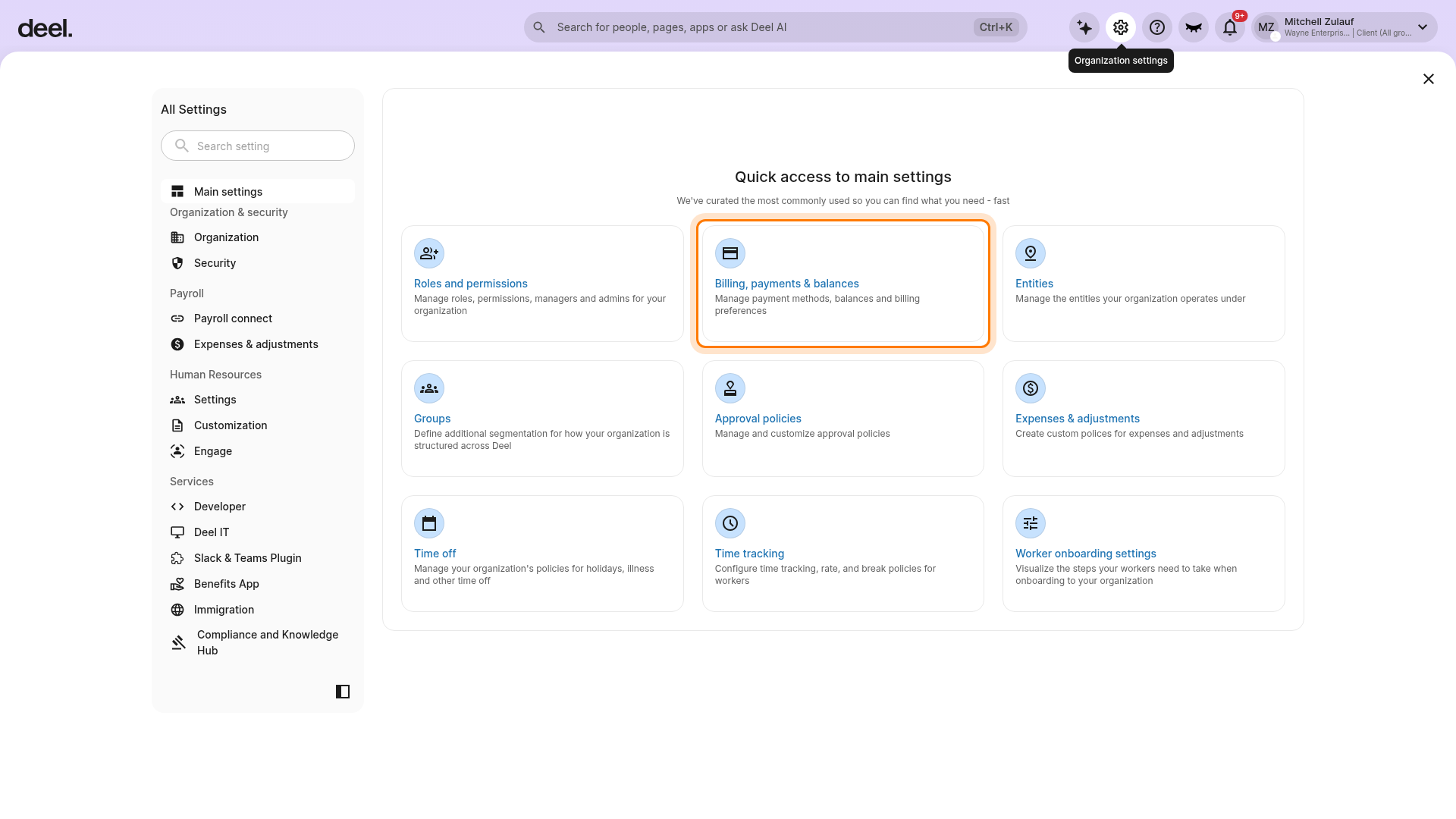 Organization settings and Billing, payments & balances