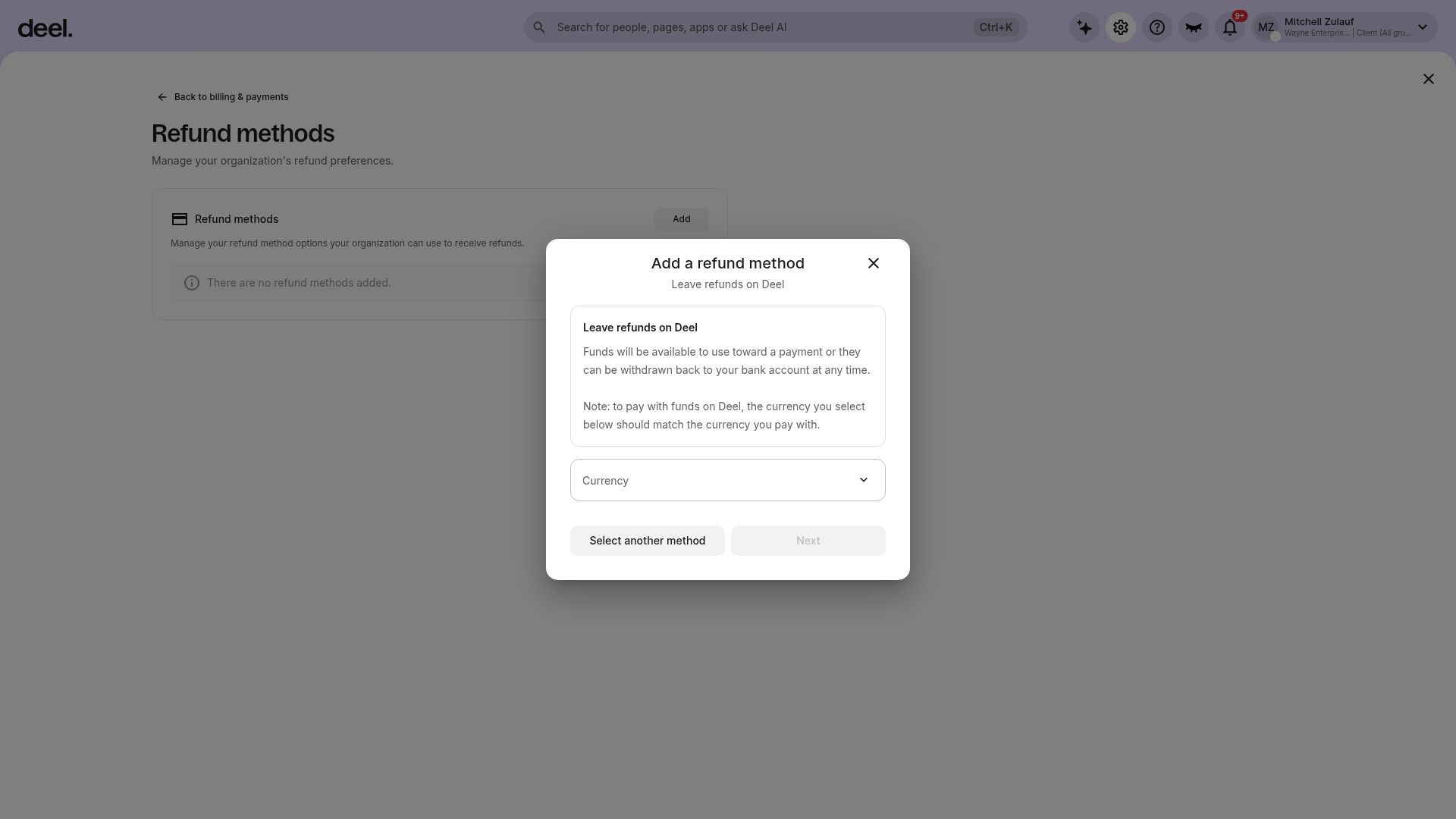 Add a refund method dialog