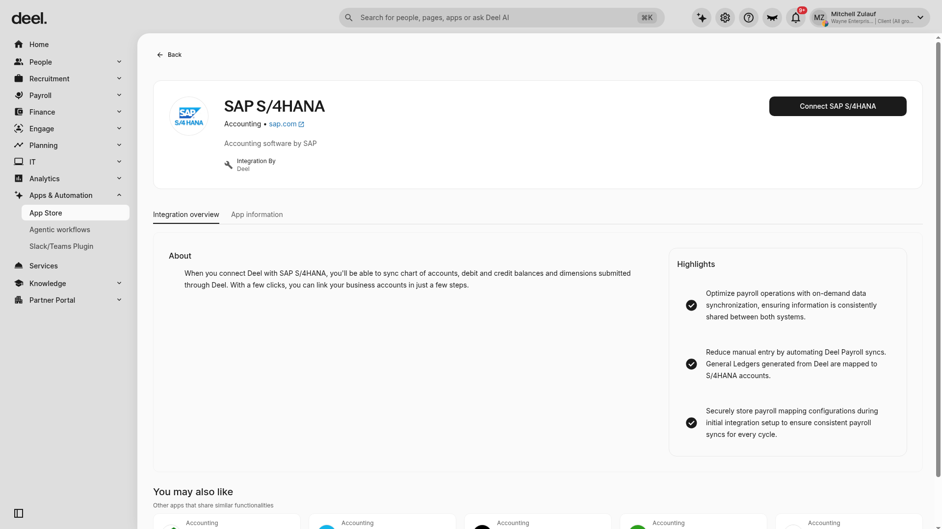 SAP S/4HANA connection page