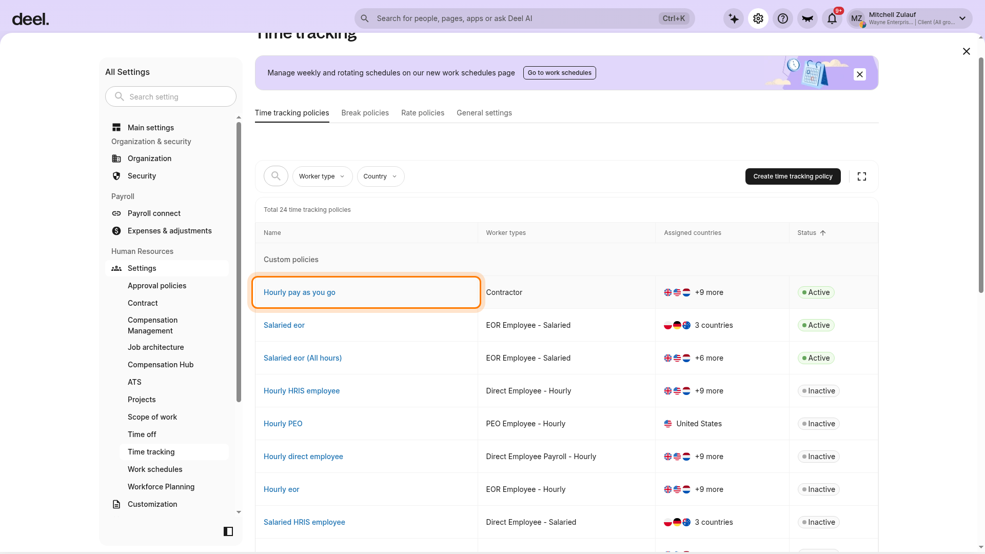 Time tracking policy selected from the Time tracking policies tab
