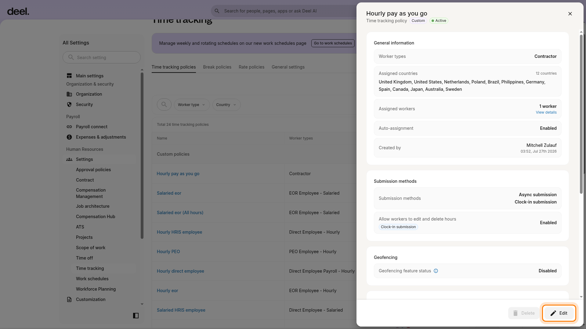 Edit button in the time tracking policy details panel