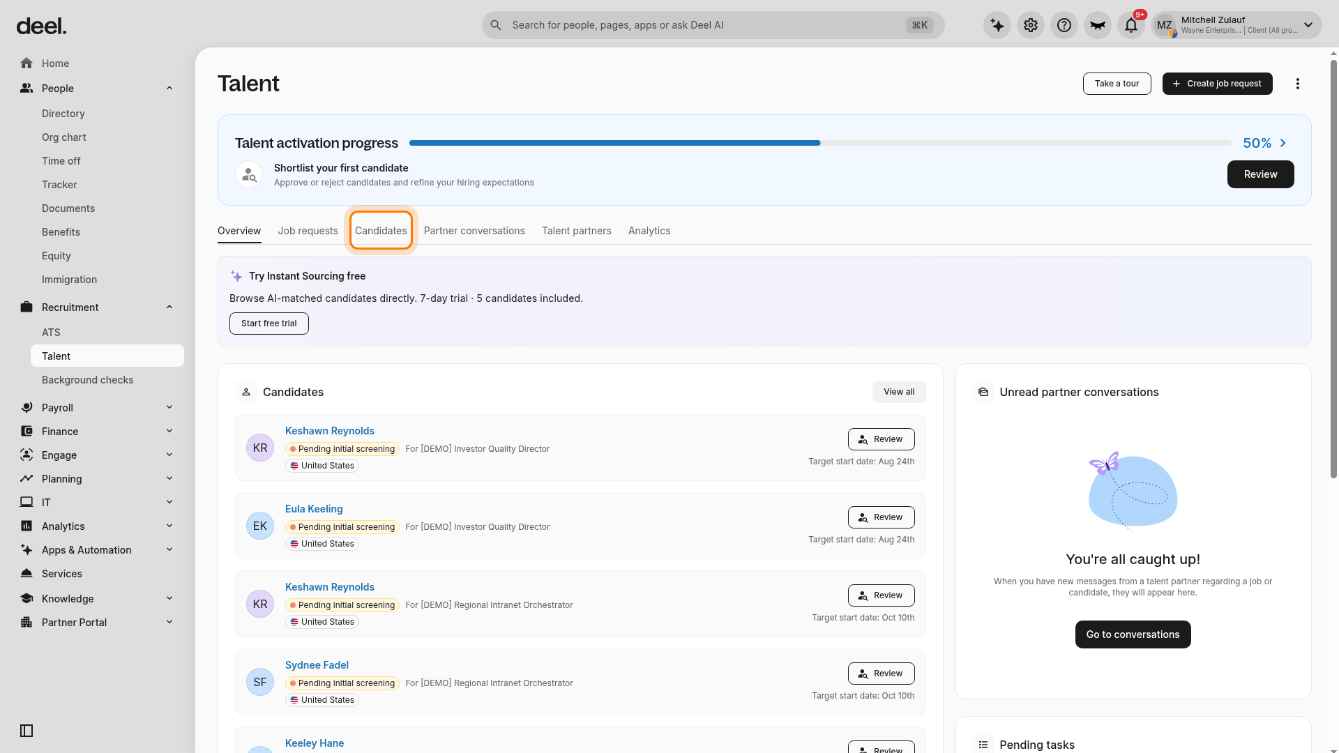 Candidates tab in the Talent workspace