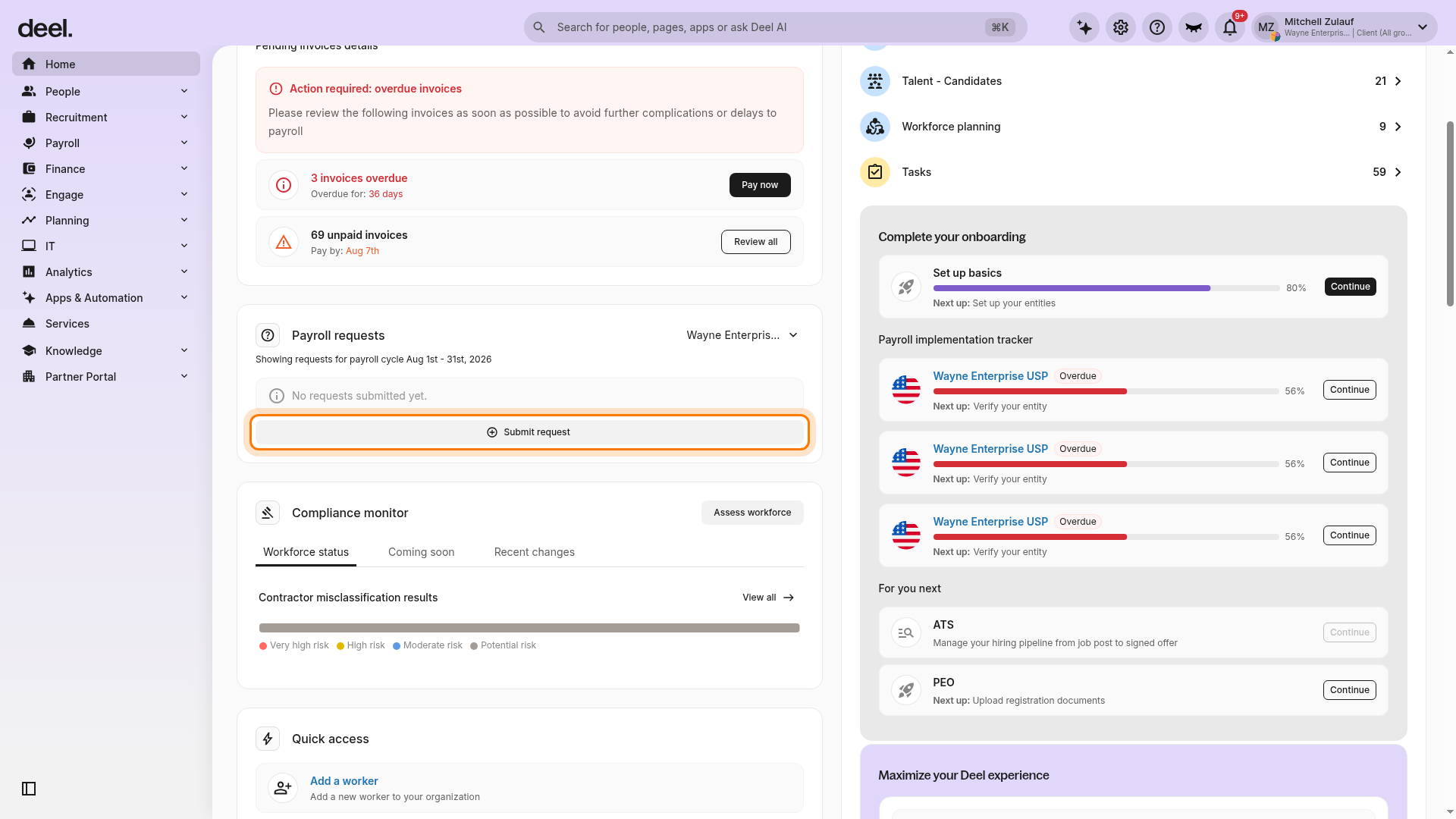 Home dashboard showing the Payroll requests card with the Submit request button highlighted