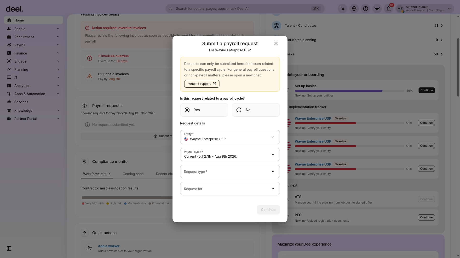 Submit a payroll request dialog open over the Home dashboard