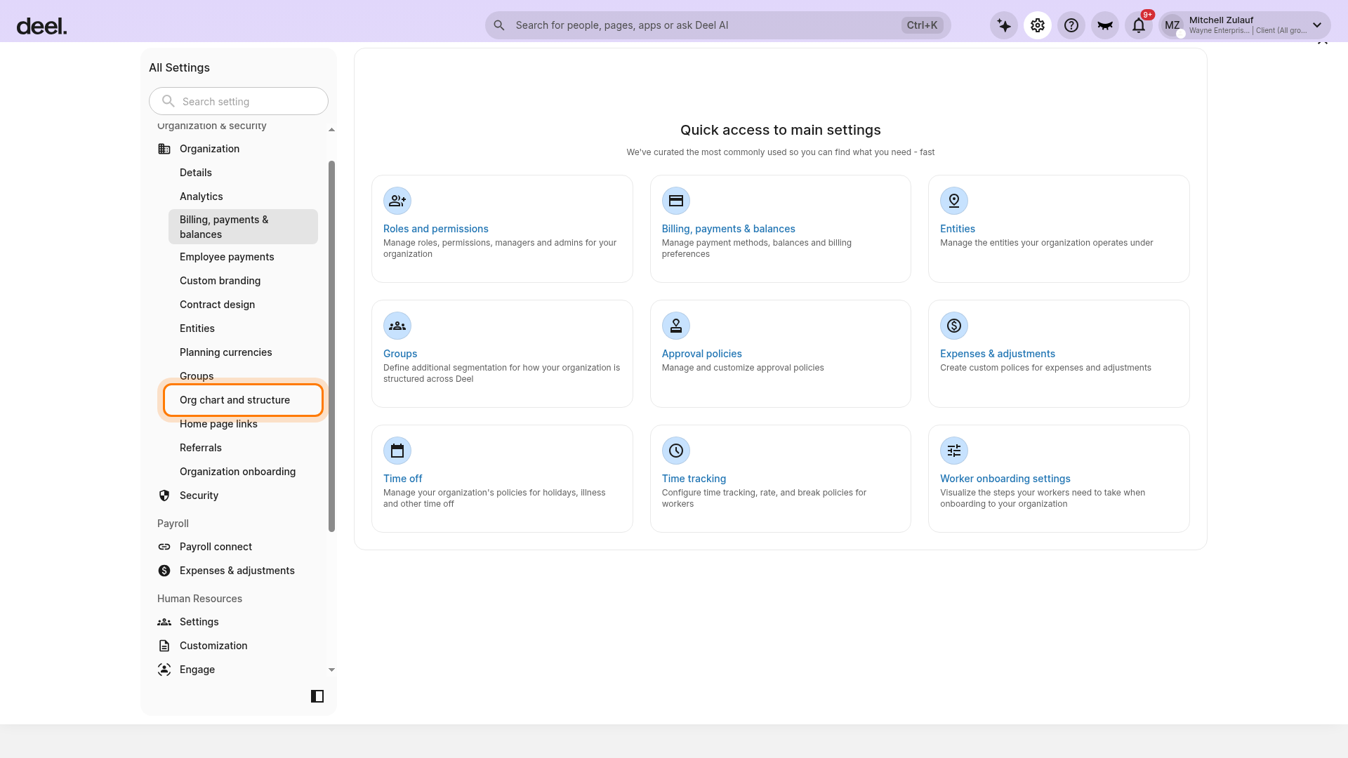 Org structures tab
