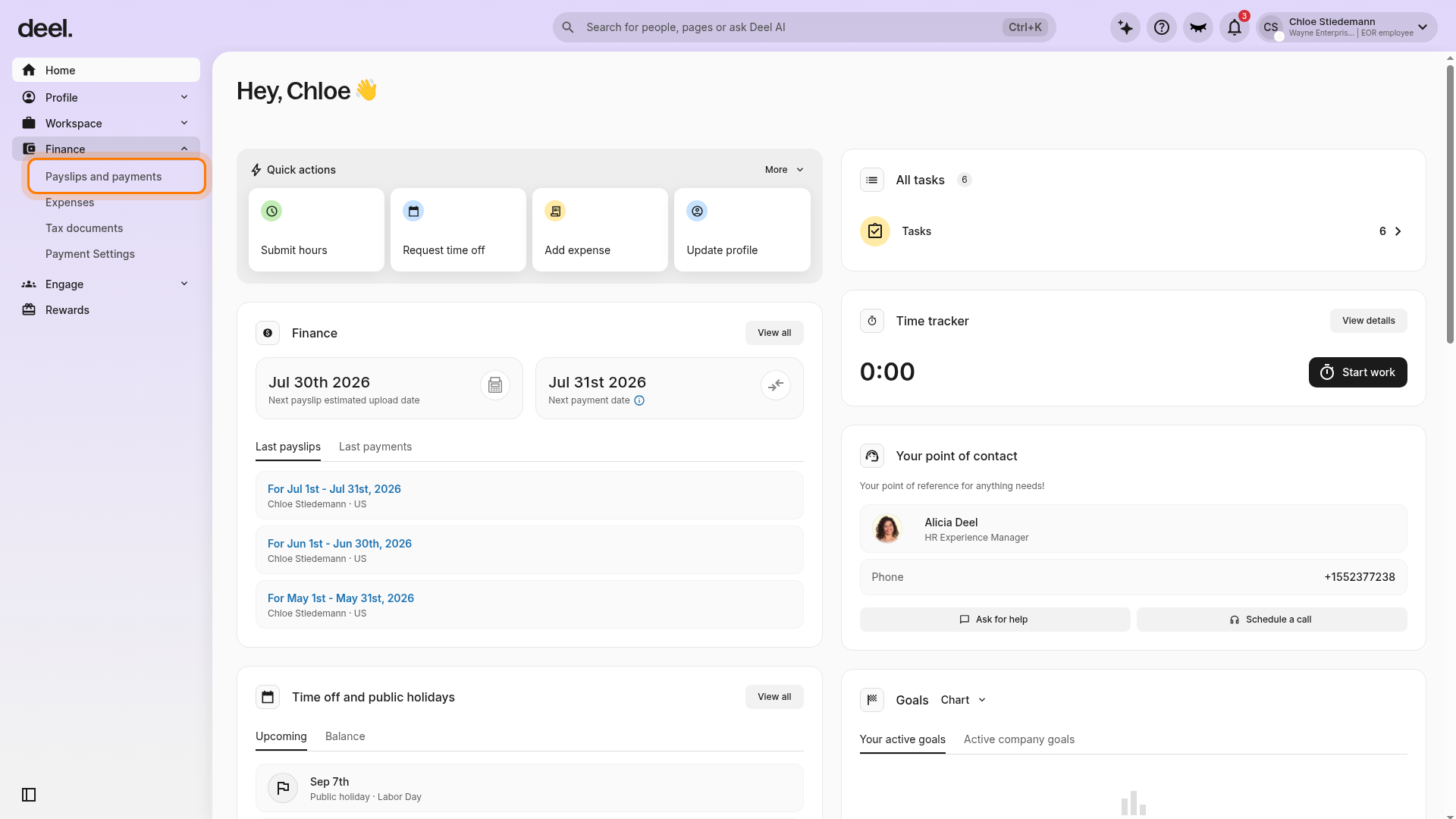 Payslips and payments option beneath Finance