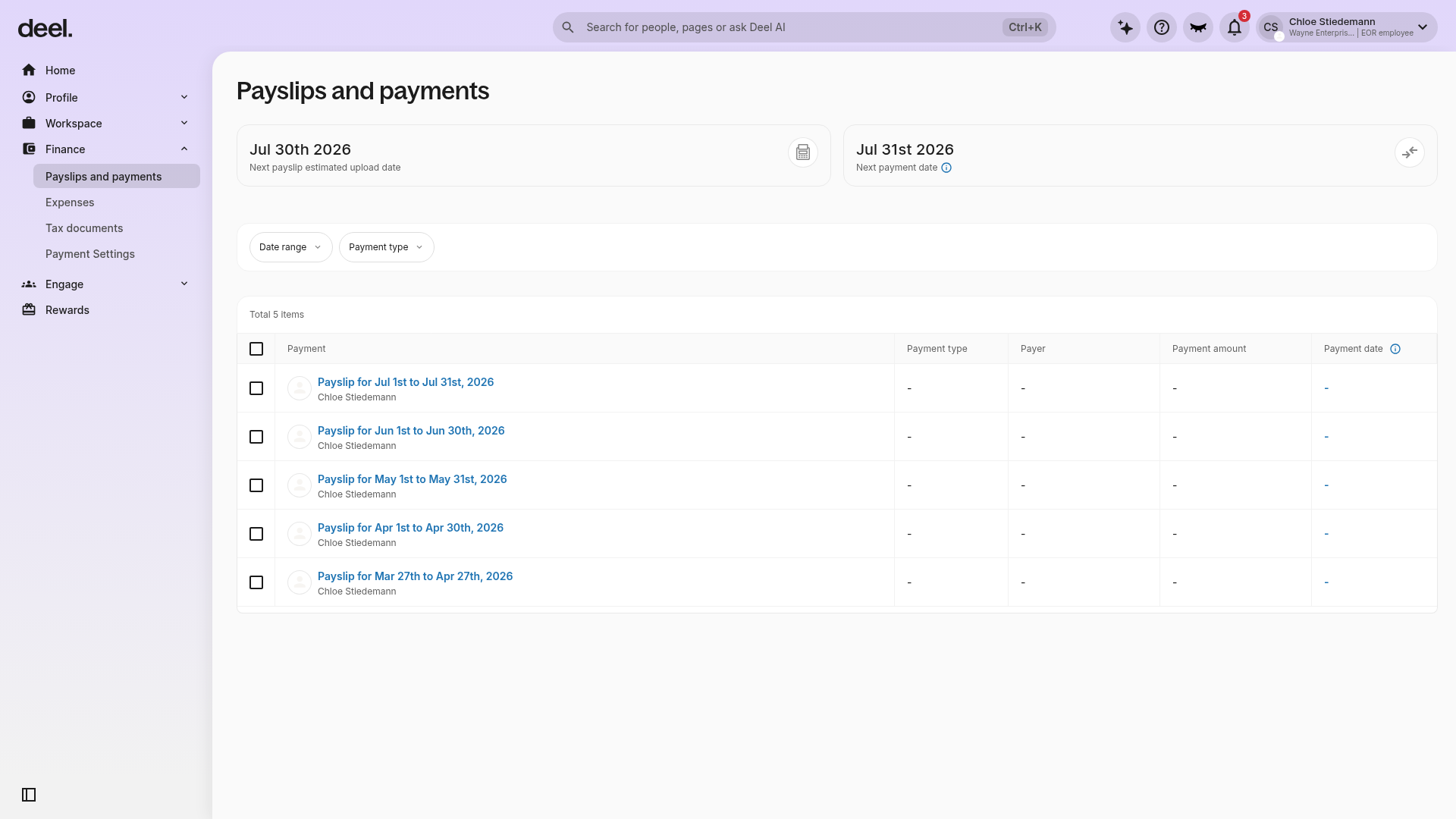 Payslips and payments page
