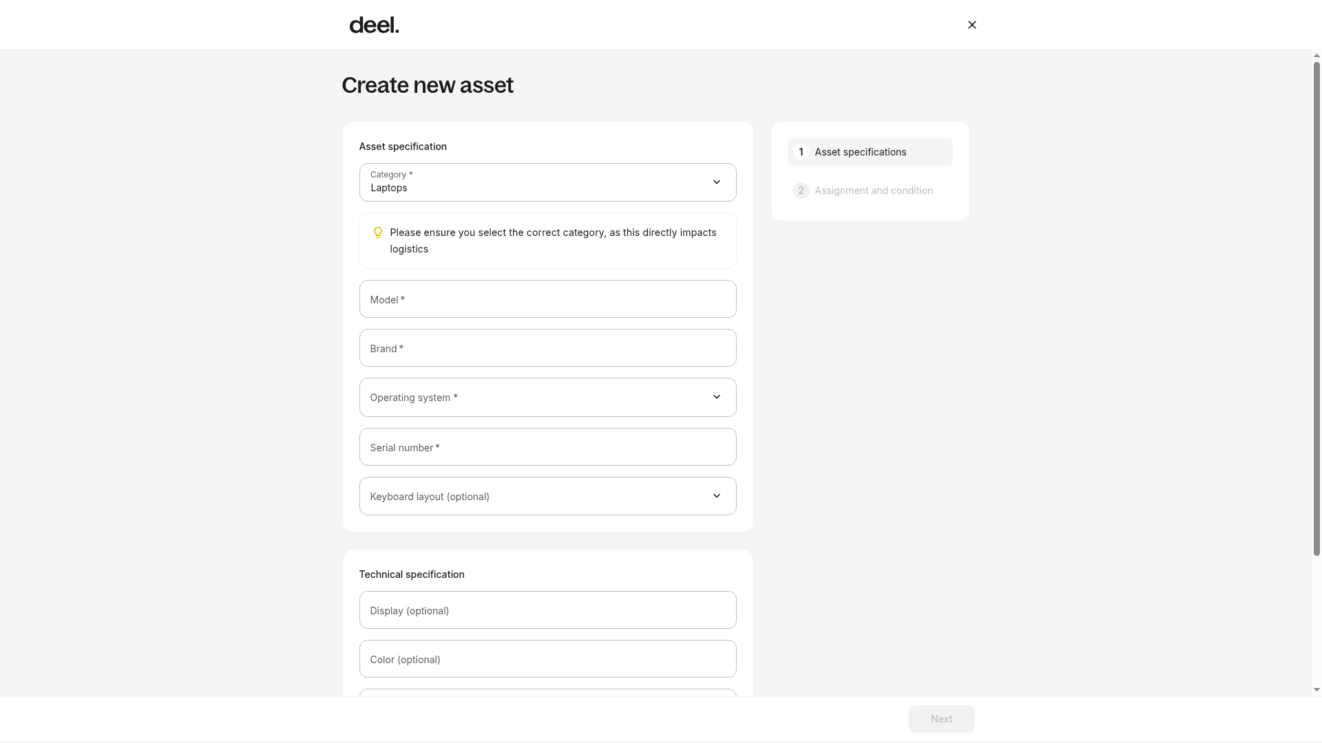Create new asset form