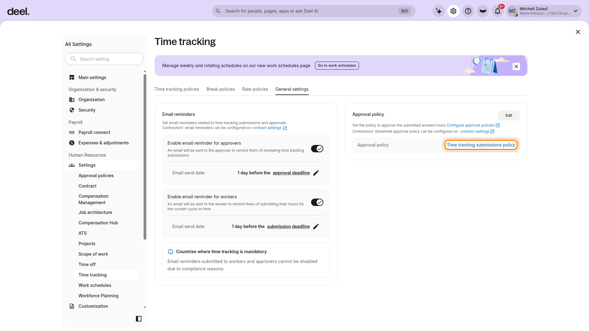 General settings page showing the Approval policy section and the current policy name highlighted