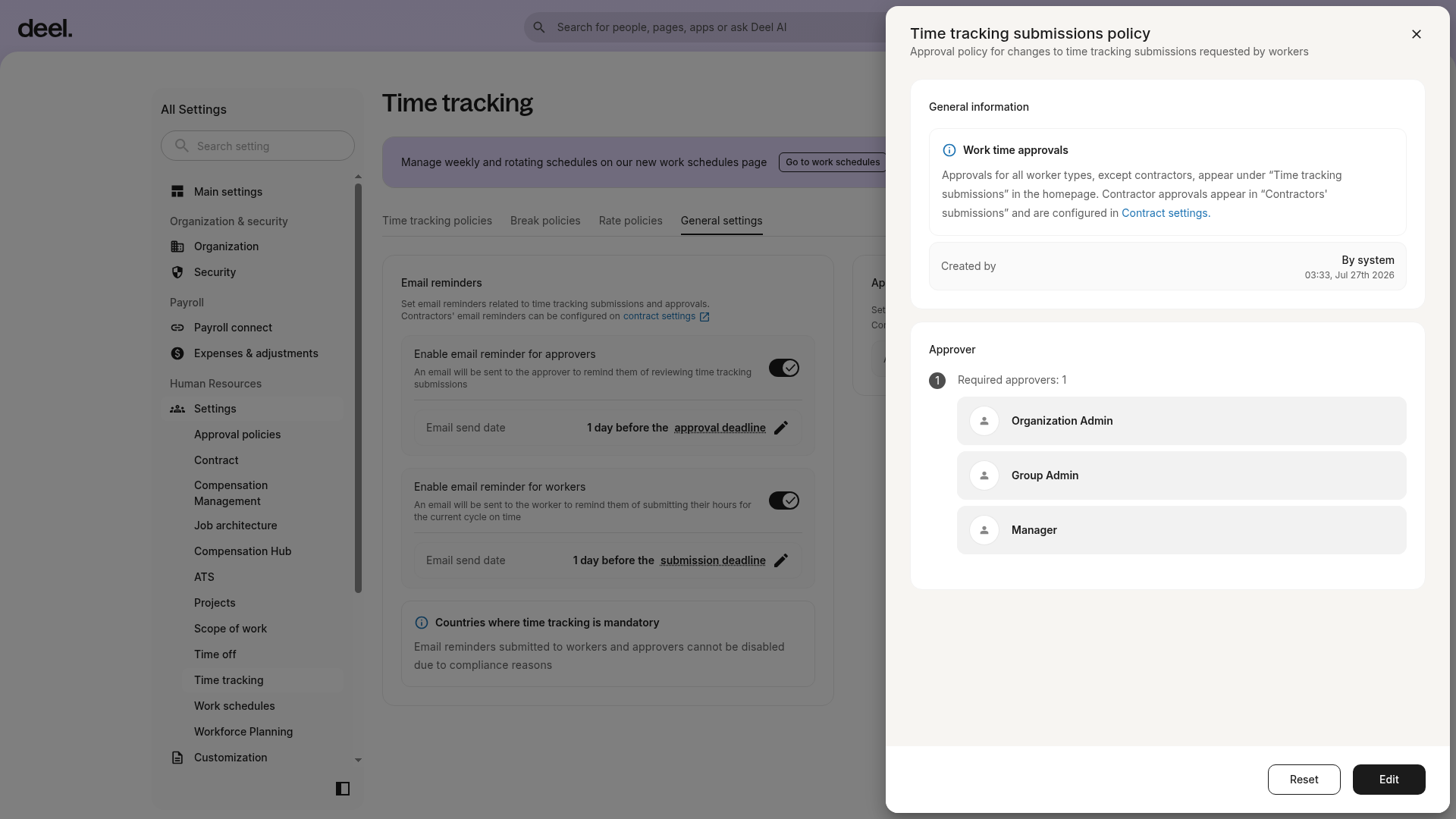 Approval policy details drawer open on the right side of the Time tracking General settings page
