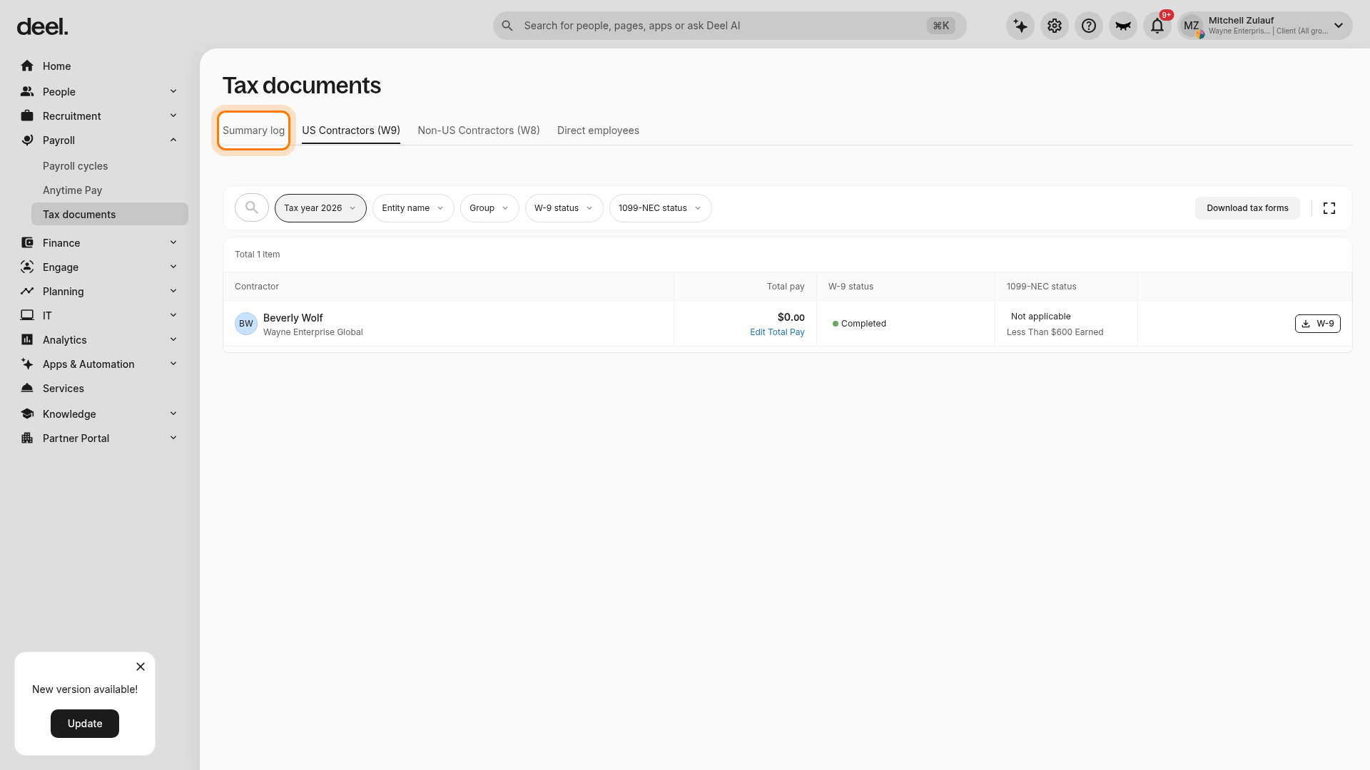 Summary log tab